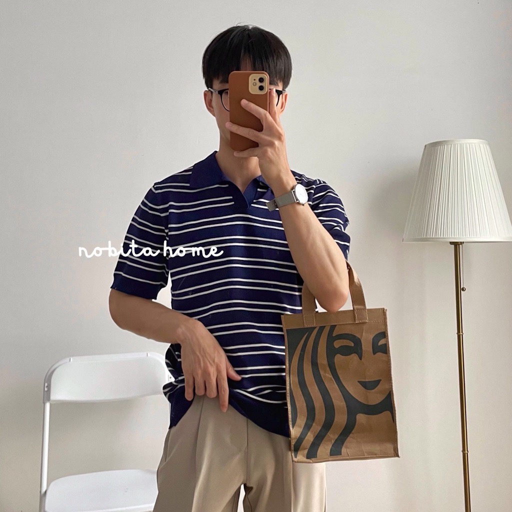 NOOBITA - Áo thun polo dệt kim kẻ sọc 7742