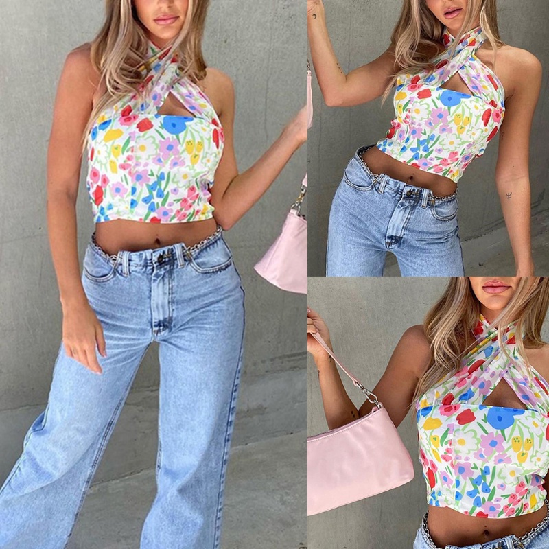 Xiangbao Áo Crop Top Dây Chéo Hở Lưng Họa Tiết Hoa Gợi Cảm Cho Nữ