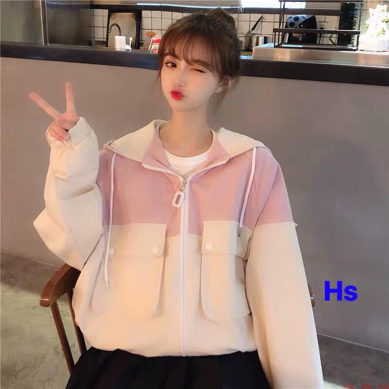 Áo khoác kaki túi nắp có mũ trùm tai thỏ bản rộng dễ thương | BigBuy360 - bigbuy360.vn