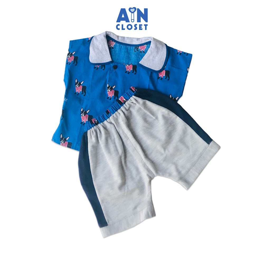 Bộ quần áo ngắn bé trai họa tiết Cún đen nền xanh cotton - AICDBGBX0ES2 - AIN Closet