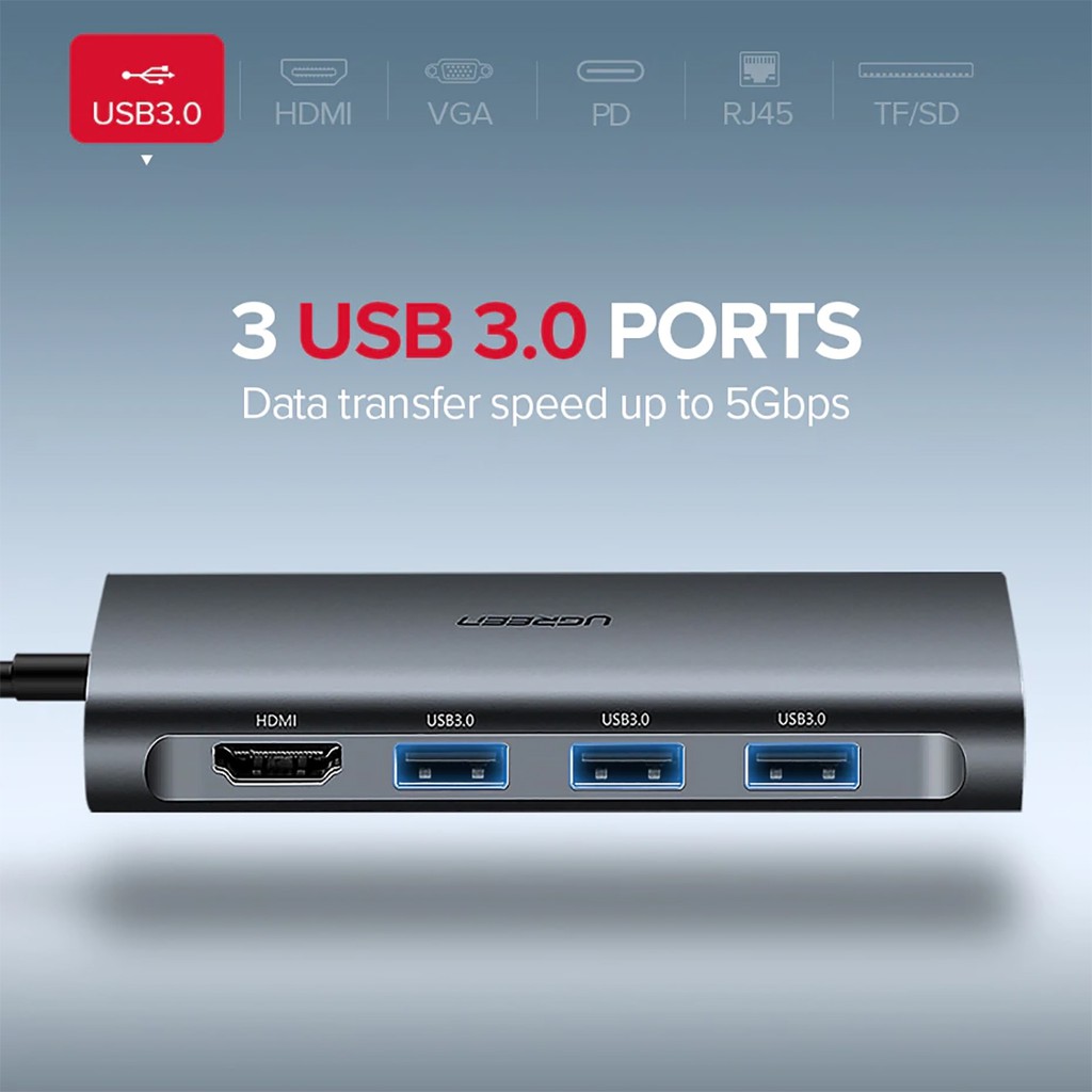 Bộ Chia USB type-C ra 8 Cổng  HDMI/Hub USB 3.0/SD/TF/Lan Gigabit Có Cổng Sạc Ugreen 50538