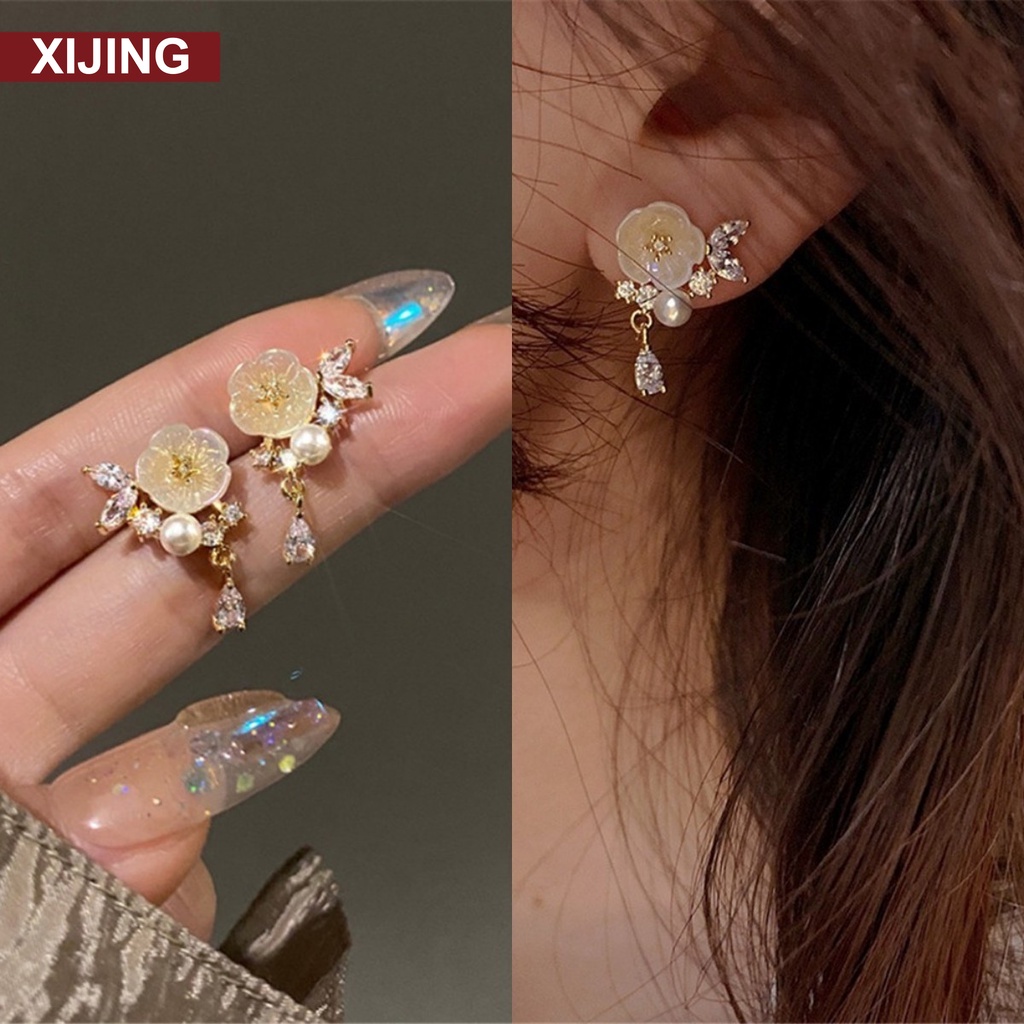 【XJ-COD】Bông Tai Hình Hoa Lan Đính Ngọc Trai Giả Thanh Lịch