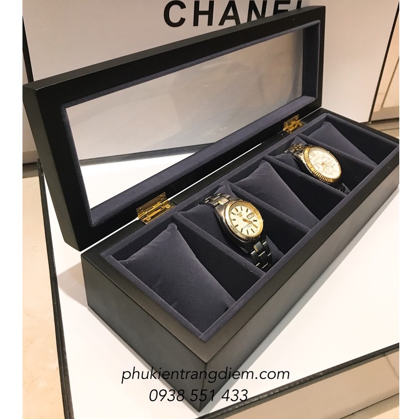 Hộp Đựng Đồng Hồ Bằng Gỗ - 5 Chiếc, Vỏ Gỗ Đen Mờ Sang Trọng Nắp Kính Chống Bụi