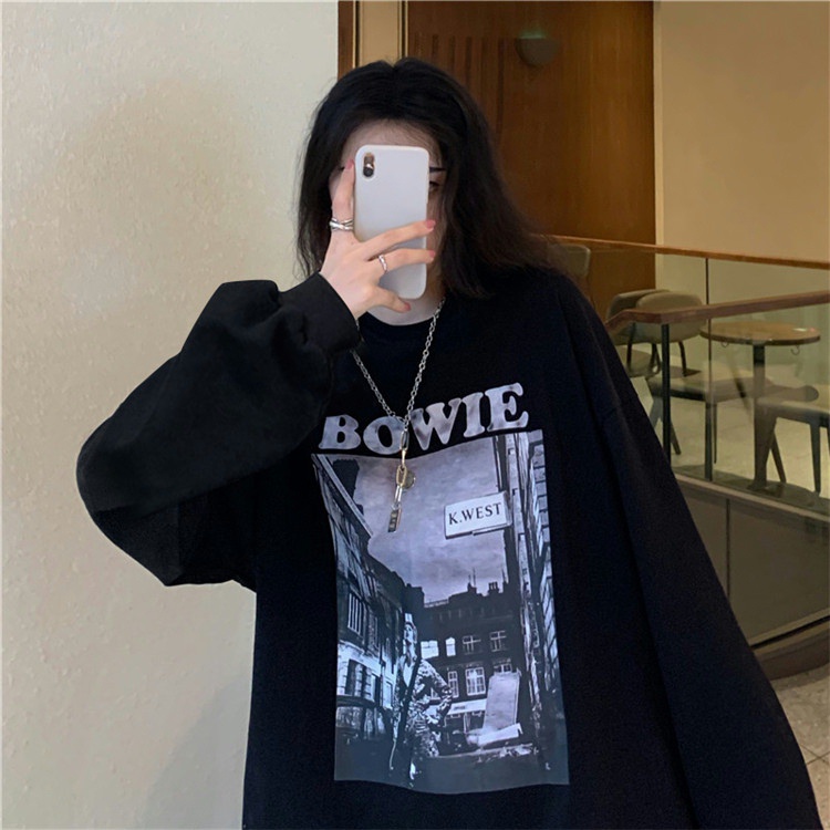  Xiaozhainv Áo Thun Tay Dài Cổ Tròn Màu Đen In Họa Tiết Phong Cách Hàn Quốc Cho Nữ | BigBuy360 - bigbuy360.vn