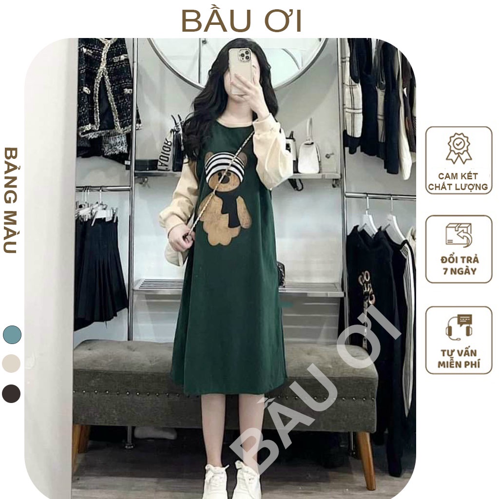 [BAUOII V108] ĐẦM BẦU NỈ DA CÁ DÁNG SUÔNG PHA MÀU CỰC XINH FROM RỘNG FREE SIZE - VÁY BẦU MÙA THU DÀI TAY HỌA TIẾT GẤU