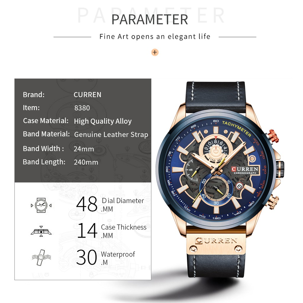 Đồng Hồ Quartz Curren Đa Năng Chống Thấm Nước Với Dây Đeo Da 8380 XS