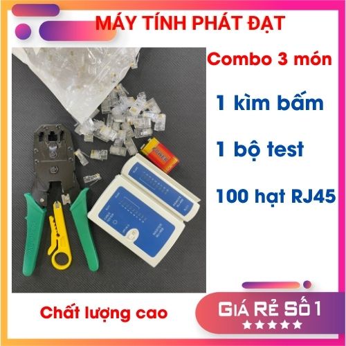 Combo (Kìm Bấm Mạng Xanh TOOL WJ-315 +100 Hạt Mạng Nhựa RJ45+Hộp Test mạng kèm Pin)