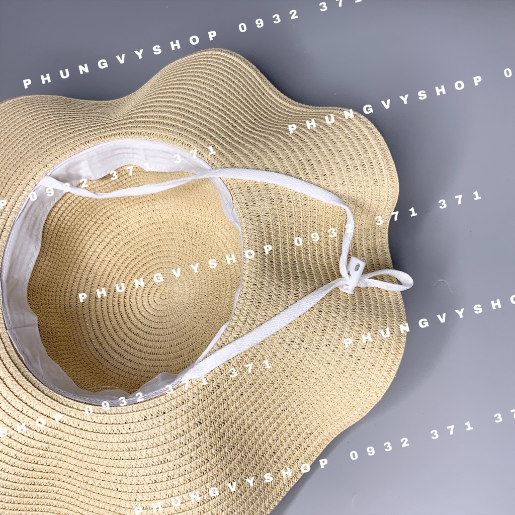 Mũ cói vành to cong dây nơ thừng to -nón cói đi biển