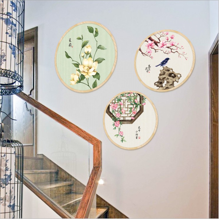 [SỈ] Decal dán tường 3D ⚡ FREESHIP ⚡ Khung tròn Hoa và chim thủy mặc AmyShop