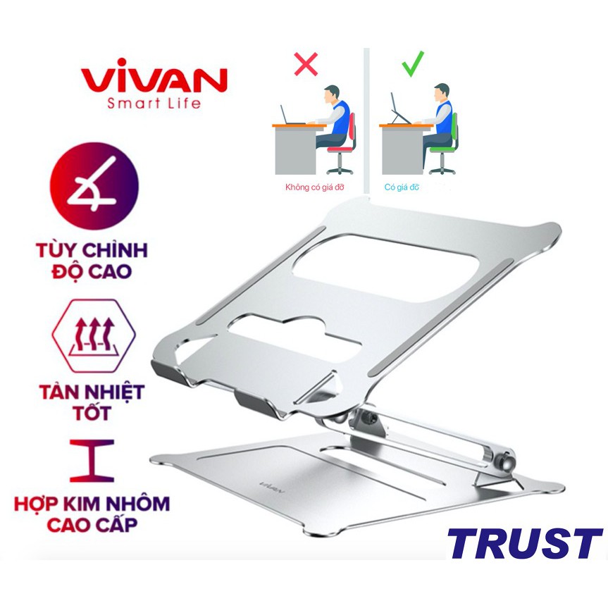 Giá Đỡ Laptop/Máy Tính Bảng VIVAN VLS01 Hợp Kim Nhôm Cao Cấp Tăng Giảm Chiều Cao Có Khe Tản Nhiệt - BẢO HÀNH 12 THÁNG