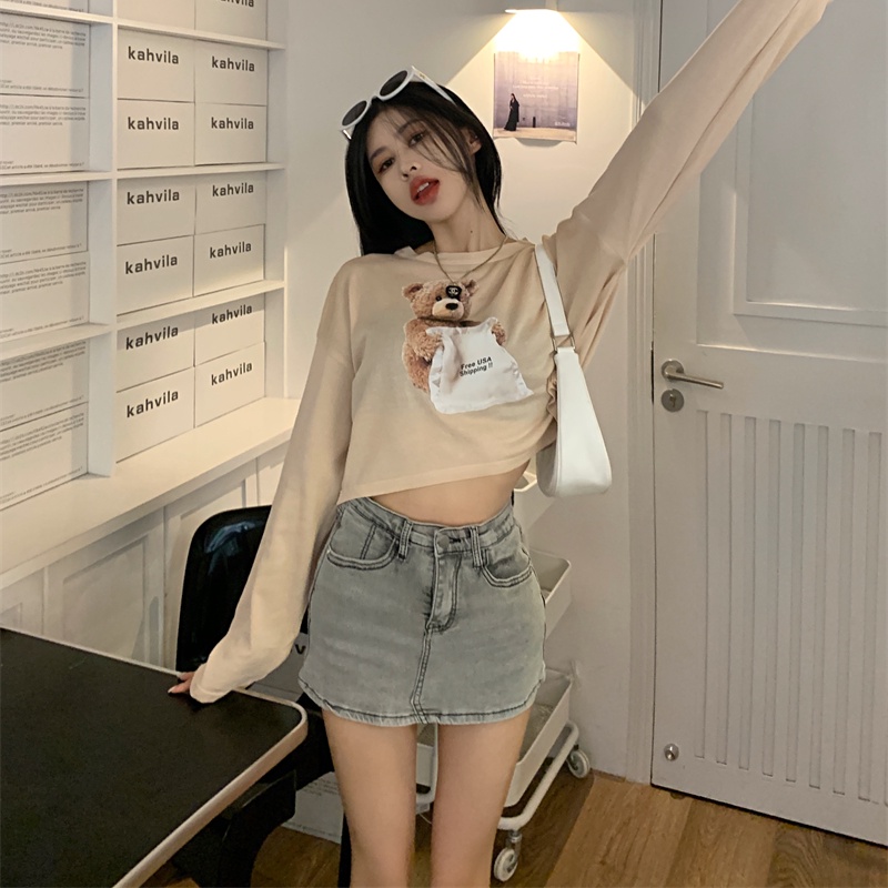 Áo Thun Dệt Kim Tay Dài Dáng Rộng In Họa Tiết Hoạt Hình Xinh Xắn