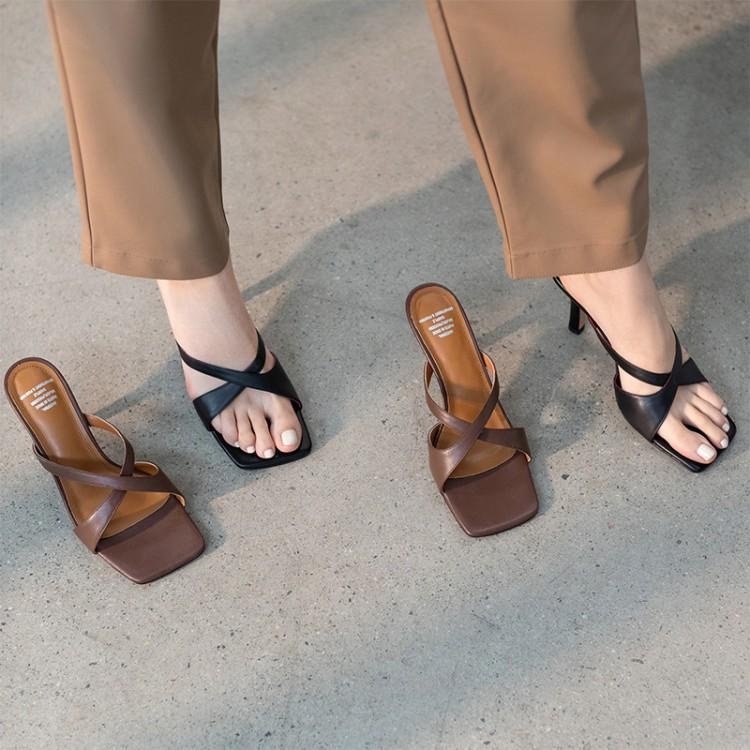 Dép Cao Gót Da Thật Mũi Vuông Phong Cách Retro Thời Trang Mùa Xuân 2022 Cho Nữ