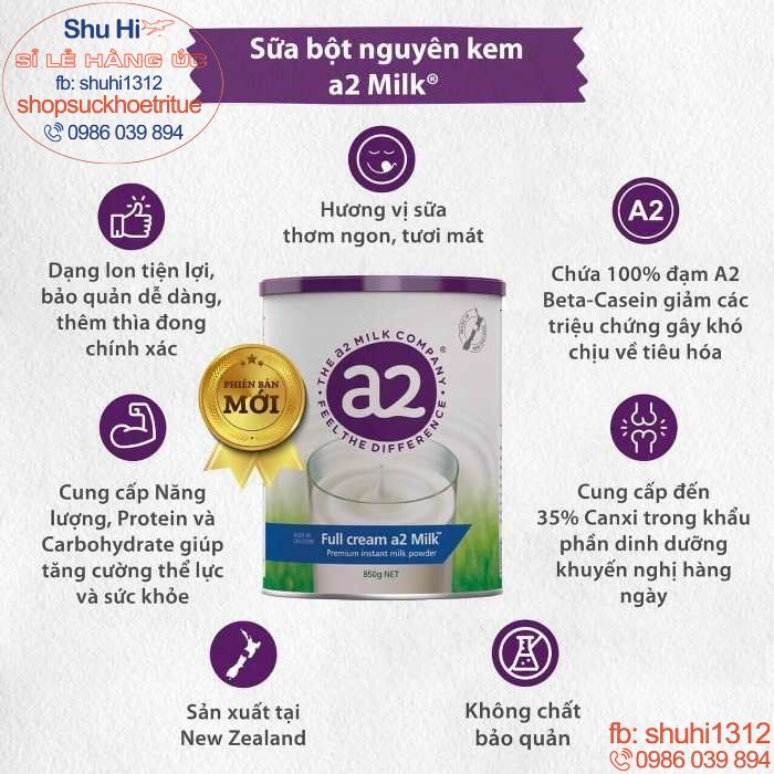 (Mẫu mới) Sữa A2 Úc Full Cream - Sữa Tươi Nguyên Kem Dạng Bột 850g