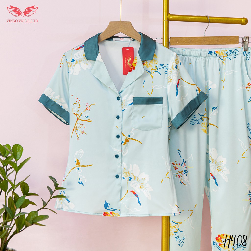 VINGO Bộ Đồ Mặc Nhà Pijama Nữ Chất Liệu Lụa Pháp Cao Cấp Tay Cộc Quần Dài Họa Tiết Cành Hoa Màu Xanh Ngọc H408 VNGO