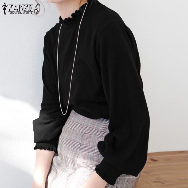 Áo dệt kim ZANZEA tay dài cổ tròn dáng rộng phối xếp nếp đơn giản dành cho nữ