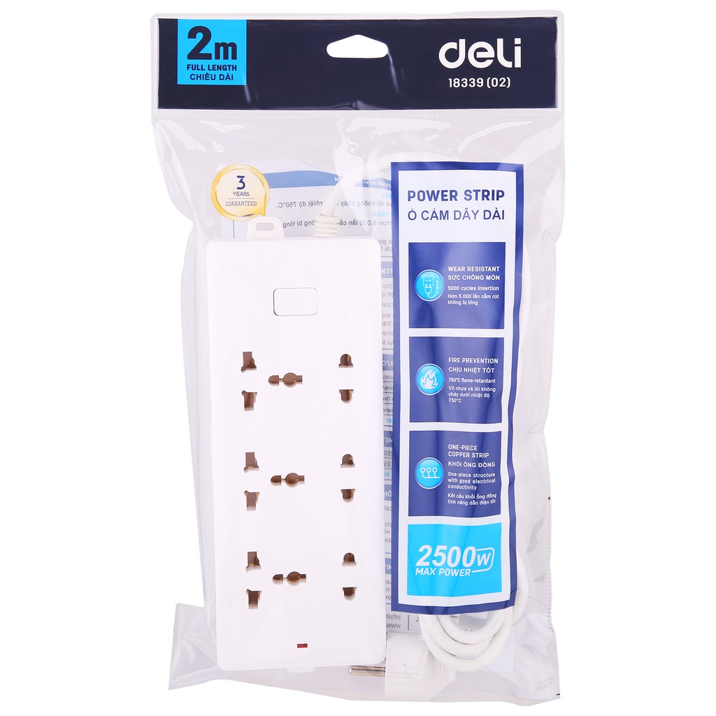 Ổ cắm điện Deli - dây 2m/3m/5m - 1 chiếc - E18339-02/E18339-03/E18339-05