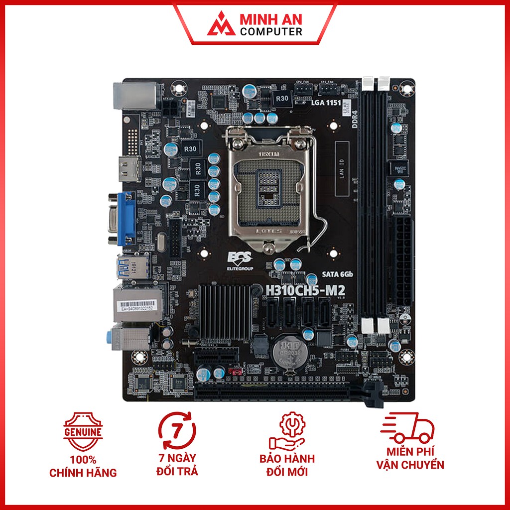 Bo mạch chủ Mainboard ECS H310CH5-M2  (Intel H310, LGA 1151-v2, M-ATX, 2 khe RAM DDR4) - Hàng chính hãng