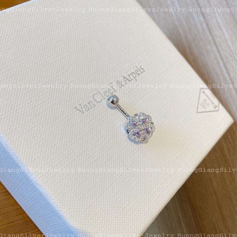 Khuyên rốn cỏ 4 lá xoay Bạc s925 xi kim  - HuongGiangSilver