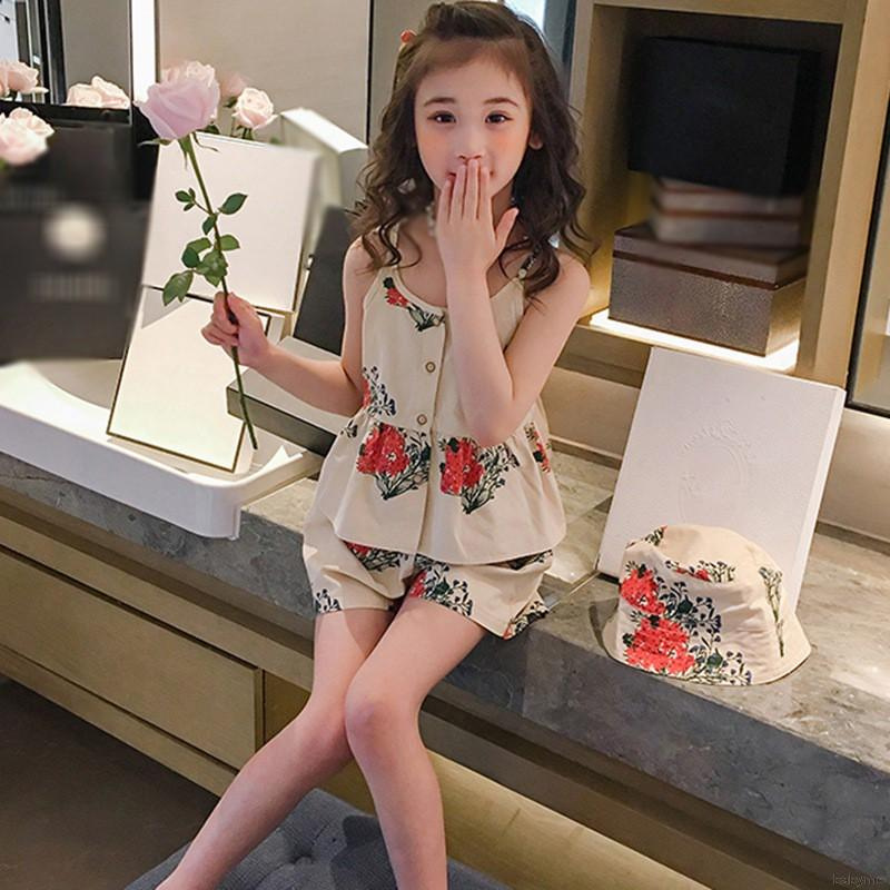 Bộ Đồ 3 Món Gồm Áo Hai Dây + Quần Short + Mũ In Hoa Thời Trang Mùa Hè Cho Bé Gái