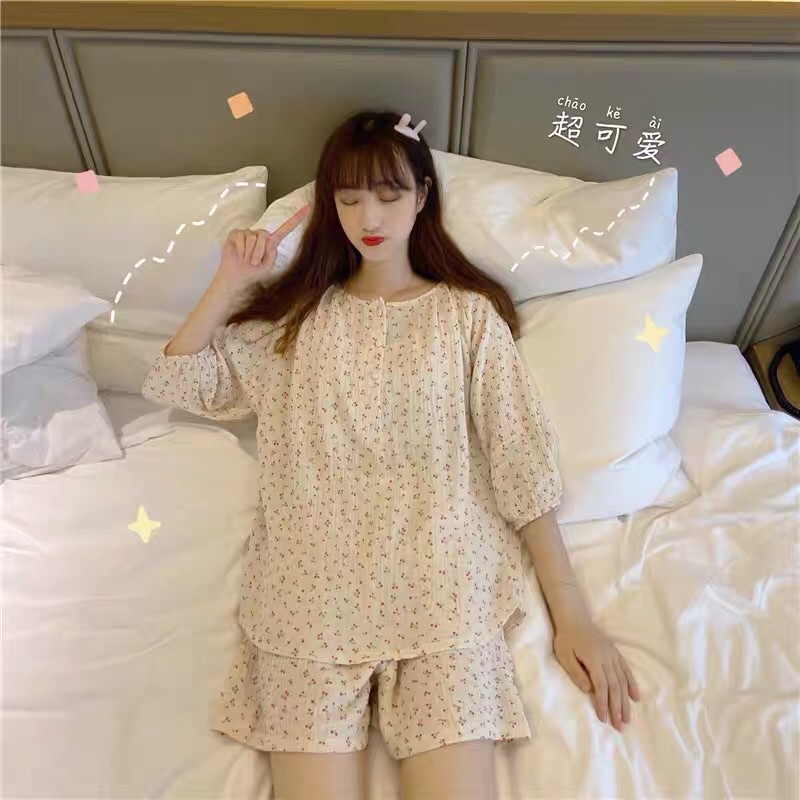 ( CÓ SẴN ) Đồ ngủ pyjama nữ ngắn xô muslin hoạ tiết cherry | BigBuy360 - bigbuy360.vn