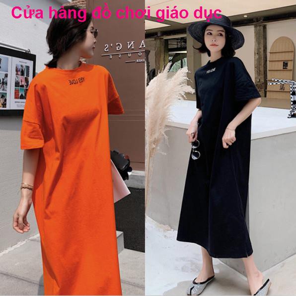 Thời trang quần áo mùa hè cho bà bầu cộng với có size Phiên bản Hàn Quốc cotton ngắn tay dài qua gối phông