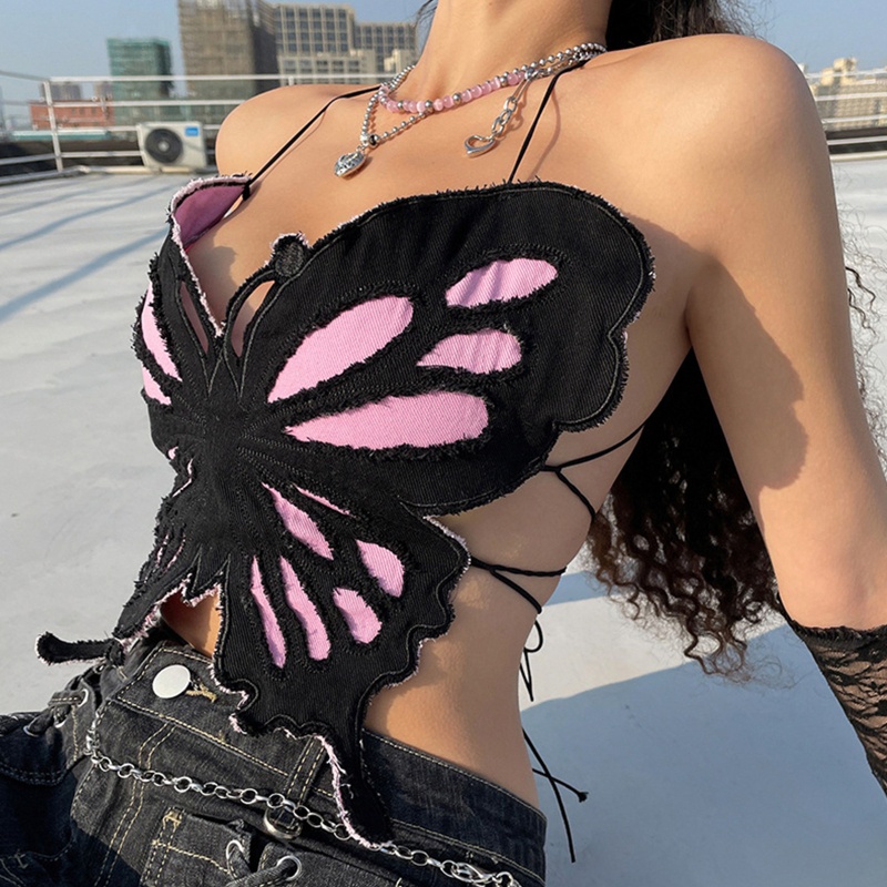 Áo Crop Top Hai Dây Cổ Chữ V Họa Tiết Cánh Bướm Nhiều Màu Sắc Quyến Rũ Phong Cách Harajuku Cho Nữ