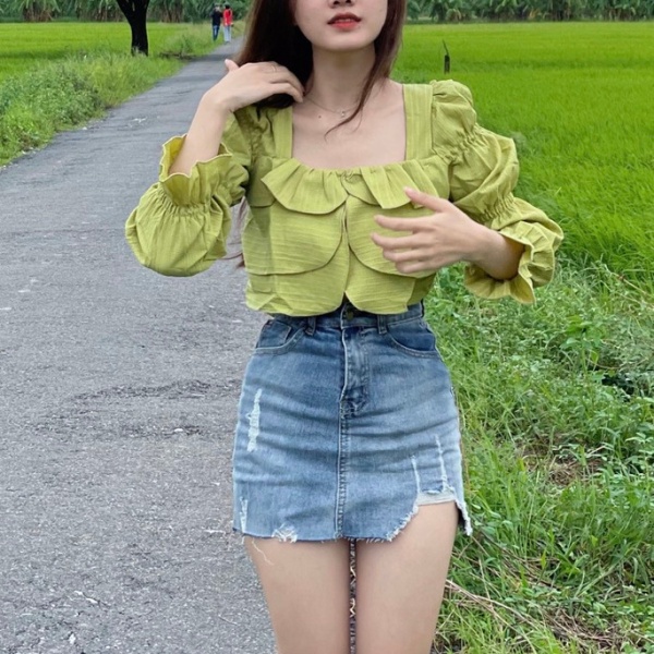 Áo kiểu tay dài cổ vuông phối tầng ,áo bánh bèo babydoll,chất vãi đũi mềm siêu xinh PLA08