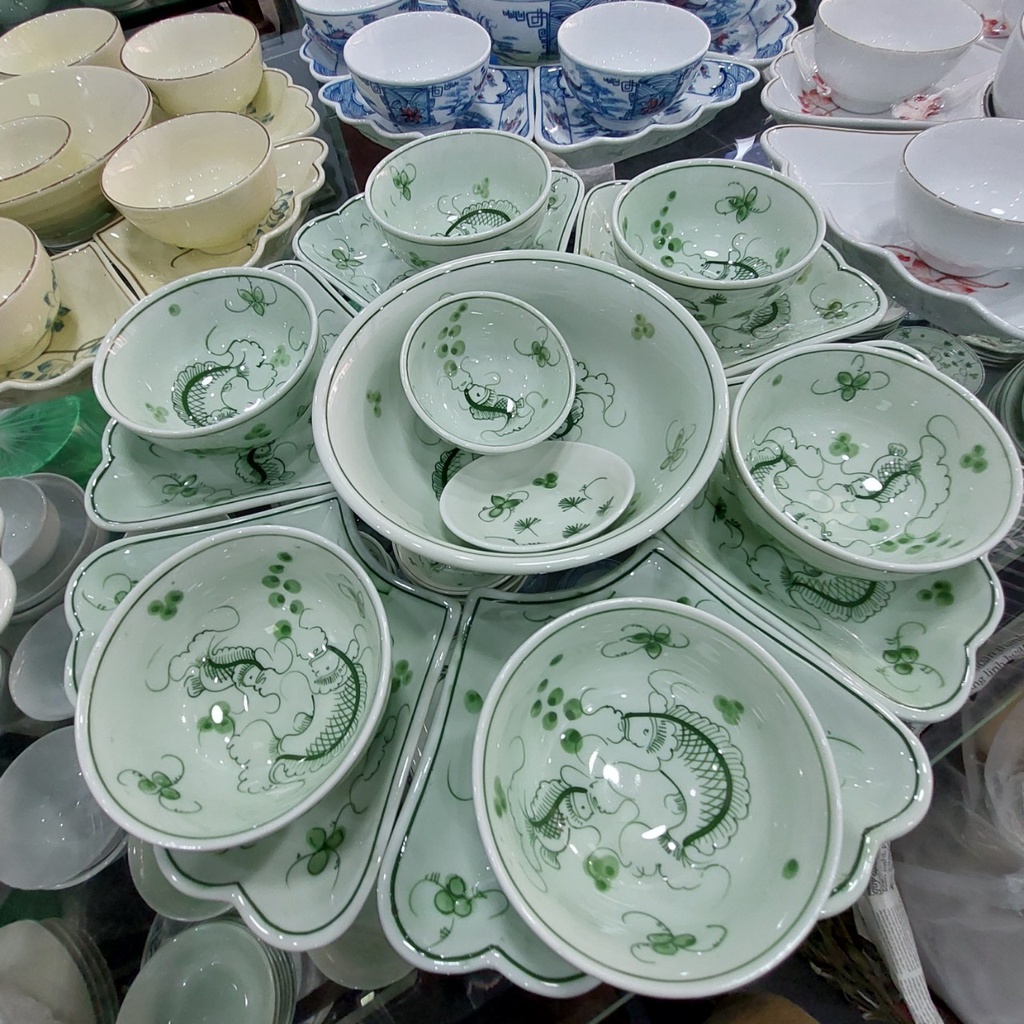Bộ bát đĩa hoa mặt trời men kem xanh hoa văn cá chép, Hàng gốm sứ Bát Tràng chính hãng, Bộ -15 món