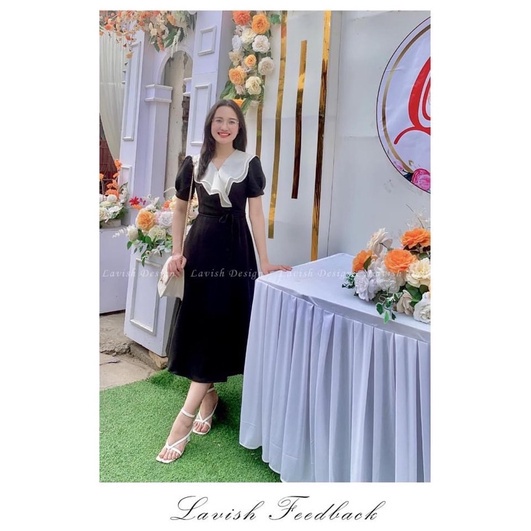 Váy midi phối cổ voan tơ lớp vạt thắt dây cúc bọc