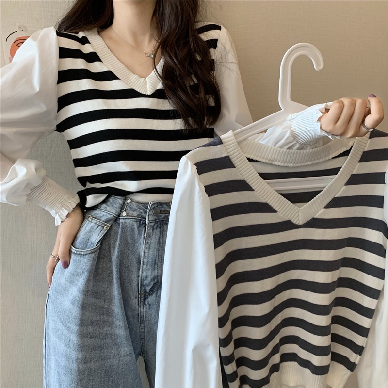 Áo len nữ kiểu cổ chữ V phối tay sơ mi bồng nhẹ 3 màu xinh xắn | BigBuy360 - bigbuy360.vn