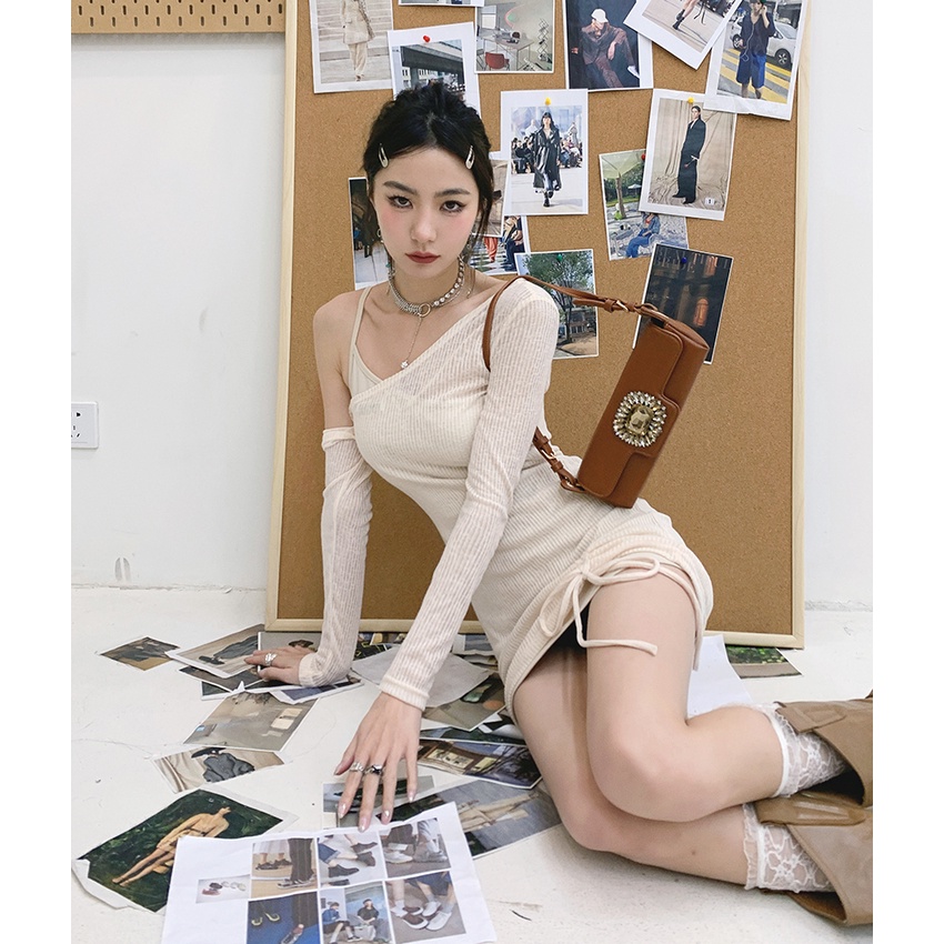 Đầm Dài Tay Màu Trơn Thiết Kế Lệch Tà Thời Trang Đường Phố Cá Tính Cho Nữ