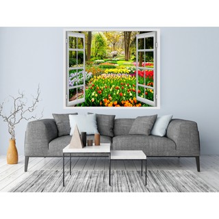 Tranh dán tường 3d hiện đại, vườn hoa tulips bên ô cửa sổ (kích thước lớn-tích hợp sẵn keo) MS744616567