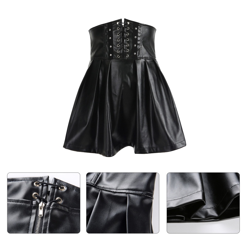 Brroa Chân Váy Xếp Ly Mini Lưng Cao Giả Da Phối Khóa Kéo Trước Sau Phong Cách Gothic Punk Harajuku Cho Nữ