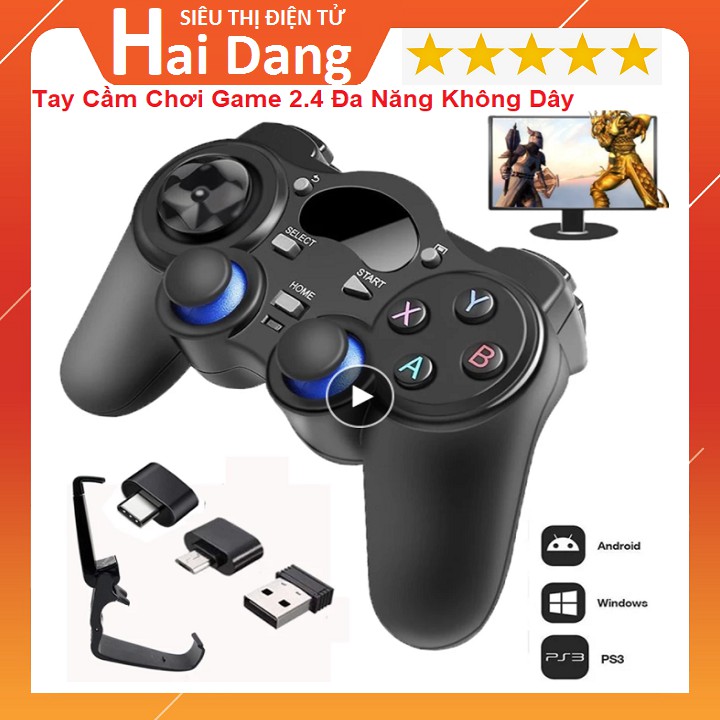 Tay Cầm Chơi Game Không Dây 2.4 Trên Điện Thoại, Máy Tính - Tivi Box - PS - Đầy Đủ 3 Đầu Kết Nối - Tặng Kèm Kẹp ĐT