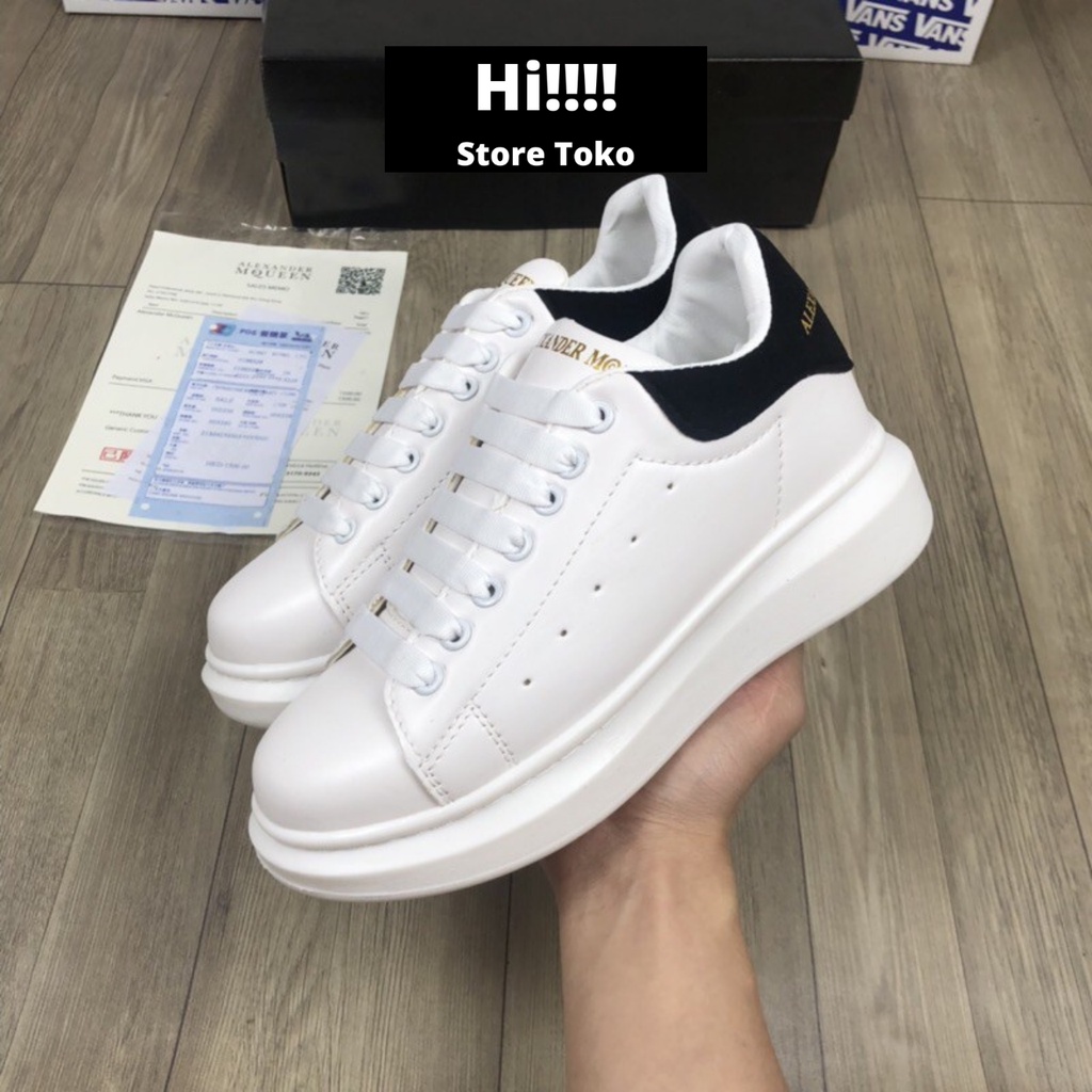 giày mcqueen nam nữ đế cao độn đế da đẹp trắng gót đen bản 11 dây lụa