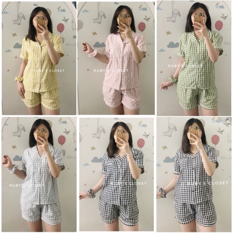 Bộ pijama nữ cộc tay kẻ nhiều màu, Đồ bộ nữ mặc nhà kèm chun buộc tóc
