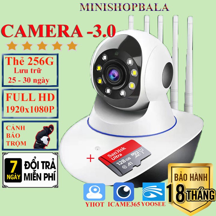 Camera 3.0 mpx,có tiếng việt, có 5 dâu wifi full HD 1920x1080p kèm thẻ nhớ 256G LƯU được 25-30 ngày. Bảo hành 18t