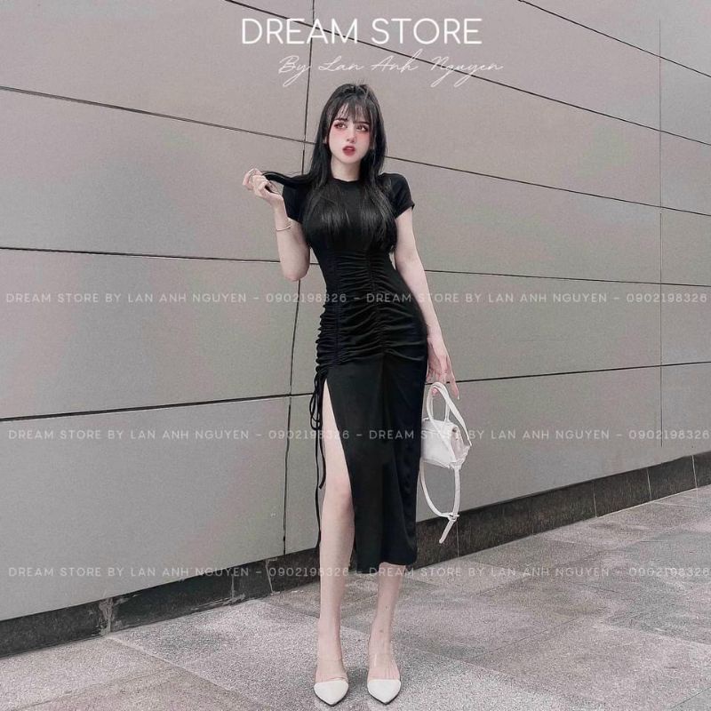Đầm ôm body tay ngắn xẻ tà rút dây eo - 1275