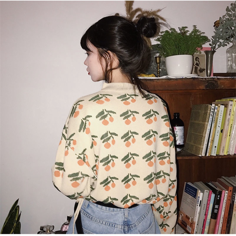 Áo Sweater Cổ Bẻ Rút Dây In Họa Tiết Cherry Dễ Thương Phong Cách Nhật Bản Thời Trang Mùa Đông Cho Nữ