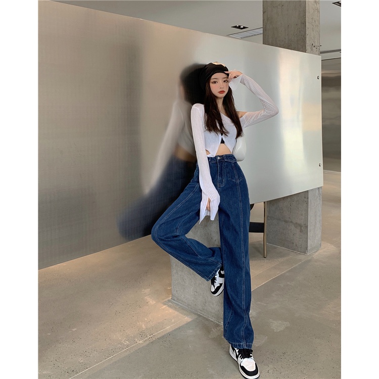 QKOOLE Quần jean  ống đứng lưng cao phong cách cổ điển Hàn Quốc cho nữ