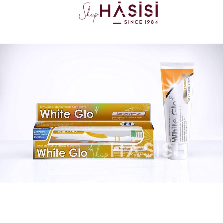 KEM ĐÁNH RĂNG WHITE GLO - Smokers Fomula 150g (Vàng)