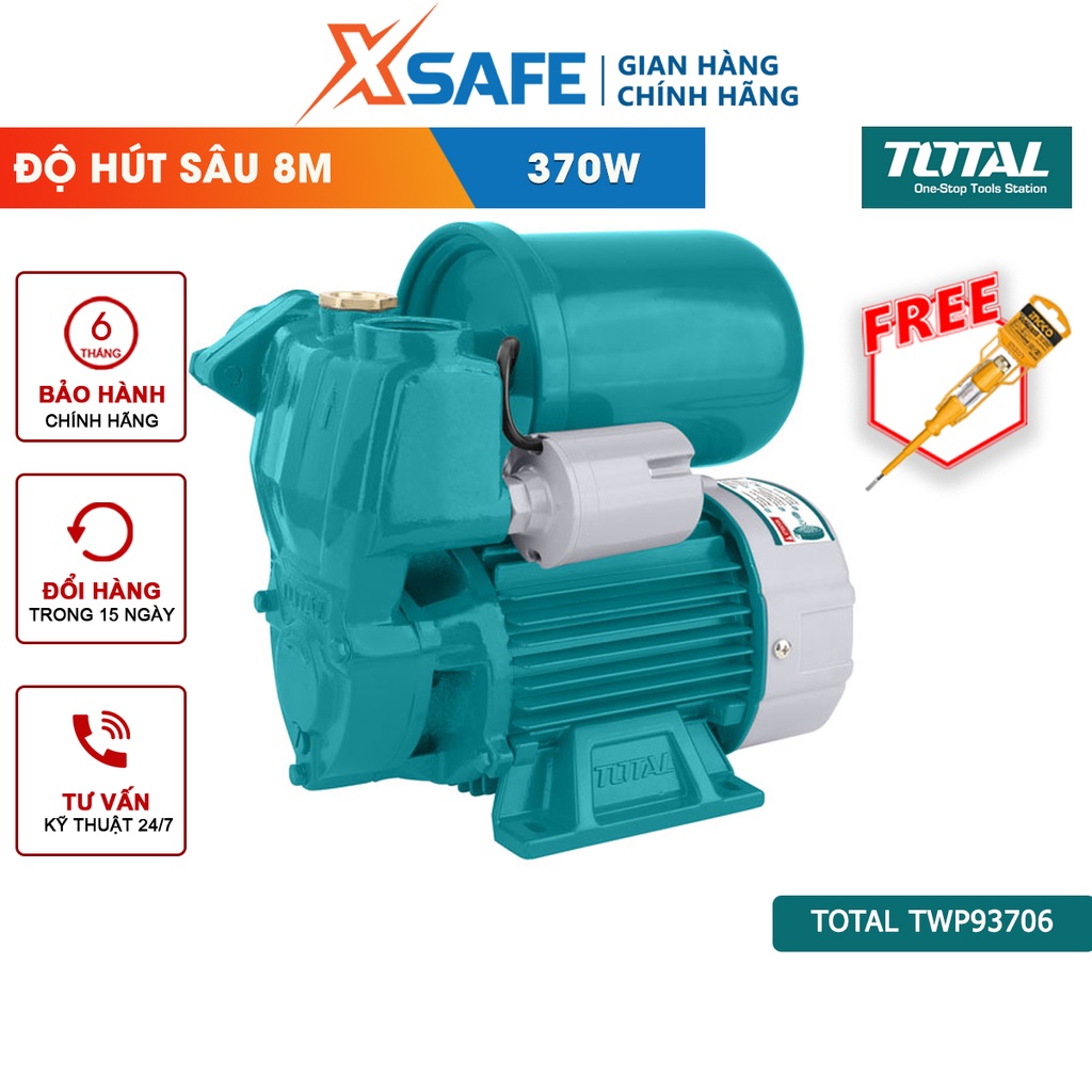 Máy bơm nước 370W Total TWP93706 Máy bơm động tự mồi, mô tơ dây đồng, cánh quạt nước bằng đồng, độ hút tối đa 8m - XSAFE