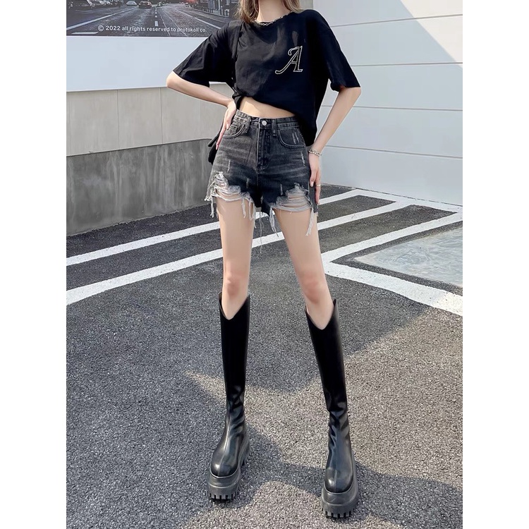 Quần short jean nữ BigSize lưng cao trên rốn, co dãn mạnh, tua lai, màu XÁM ĐEN rách bụi dành cho người mập 4342 MLJ
