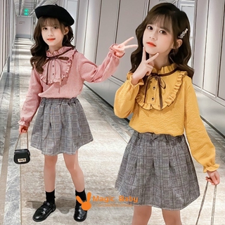 Mới Set Áo Sơ Mi Cổ Ren Và Chân Váy Caro Phong Cách Hàn Quốc Cho Bé Gái