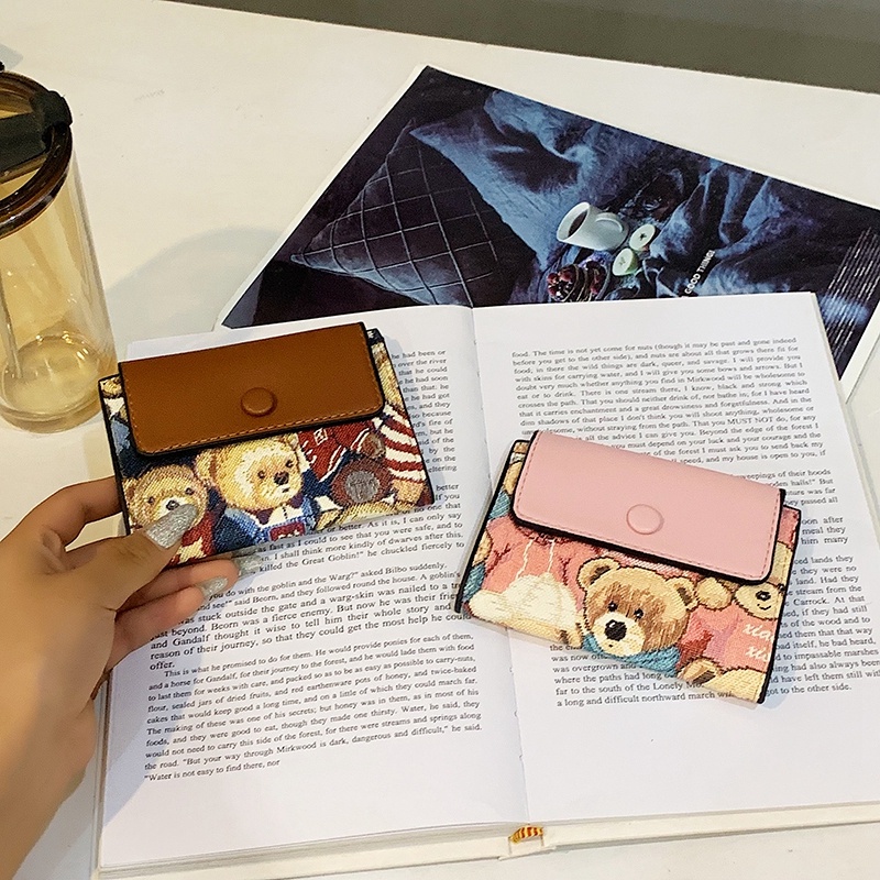 Ví Đựng Tiền Xu / Thẻ Có Khóa Cài Họa Tiết Gấu Hoạt Hình Dễ Thương Cho Nữ