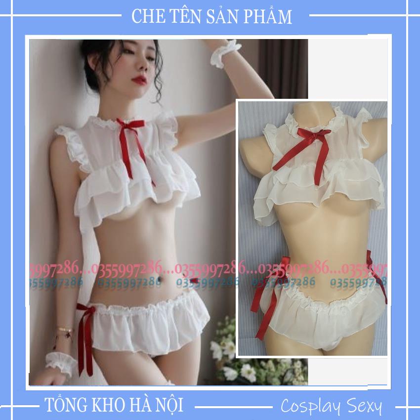 Bộ Ngủ Sexy Cao Cấp Trắng Tinh Khôi Voan Cát Phối Nơ - Nữ Sinh Thuần Khiết - Ivyshop - Bn002