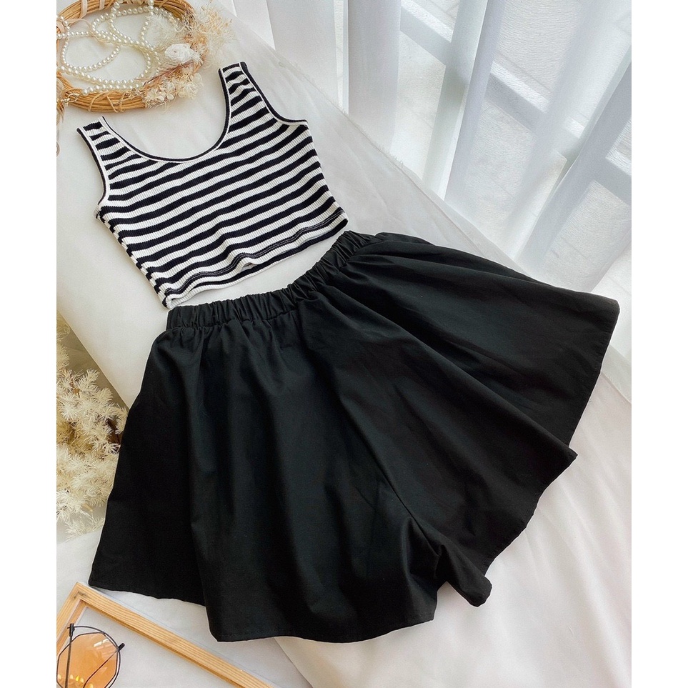 set ba lỗ sọc ngang mix quần short xòe k