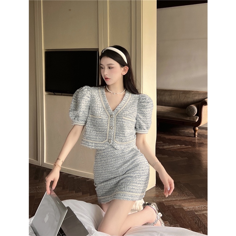 Set váy nữ áo croptop tiêu thư sang chảnh Hàn Quốc mùa hè dạ tweed SVN004