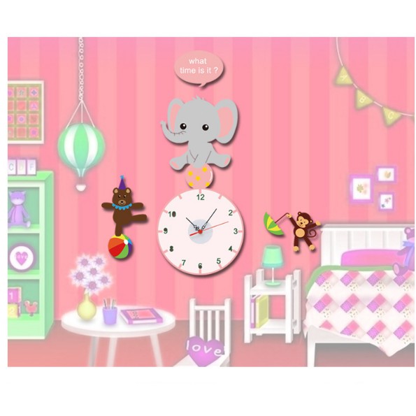 Decal Trang Trí Tường Kèm Đồng Hồ Dán Tường Voi Hồng đáng yêu ( Cao Cấp )