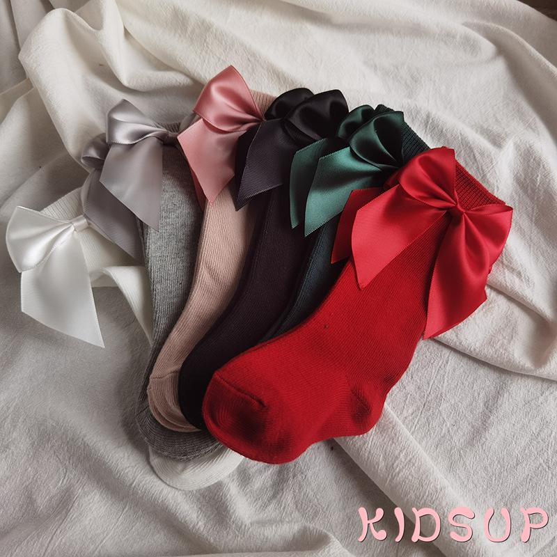KIDSUP-Toddler Girls Knee High Socks, Solid Color Bowknot Anti-Slip Cute Wild Cotton Long Stockings